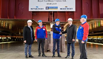 Auf der NEPTUN WERFT wurde der erste Block für die Odyssey of the Seas auf Kiel gelegt © Meyer Werft