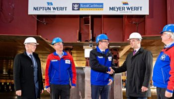 Auf der NEPTUN WERFT wurde der erste Block für die Odyssey of the Seas auf Kiel gelegt © Meyer Werft